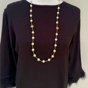 Elegant Long Gold Tone and Faux Pearl Necklace
